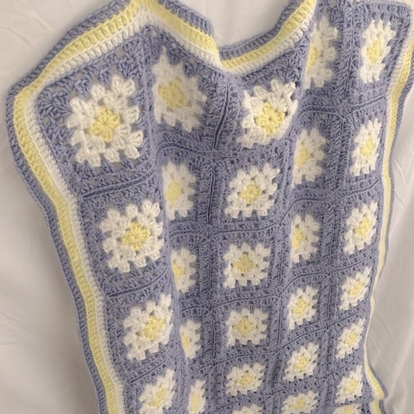 Blanket: Granny Square Blanket- pastel purple/pastel yellow/white- 50”x33” - Picture 6 of 12